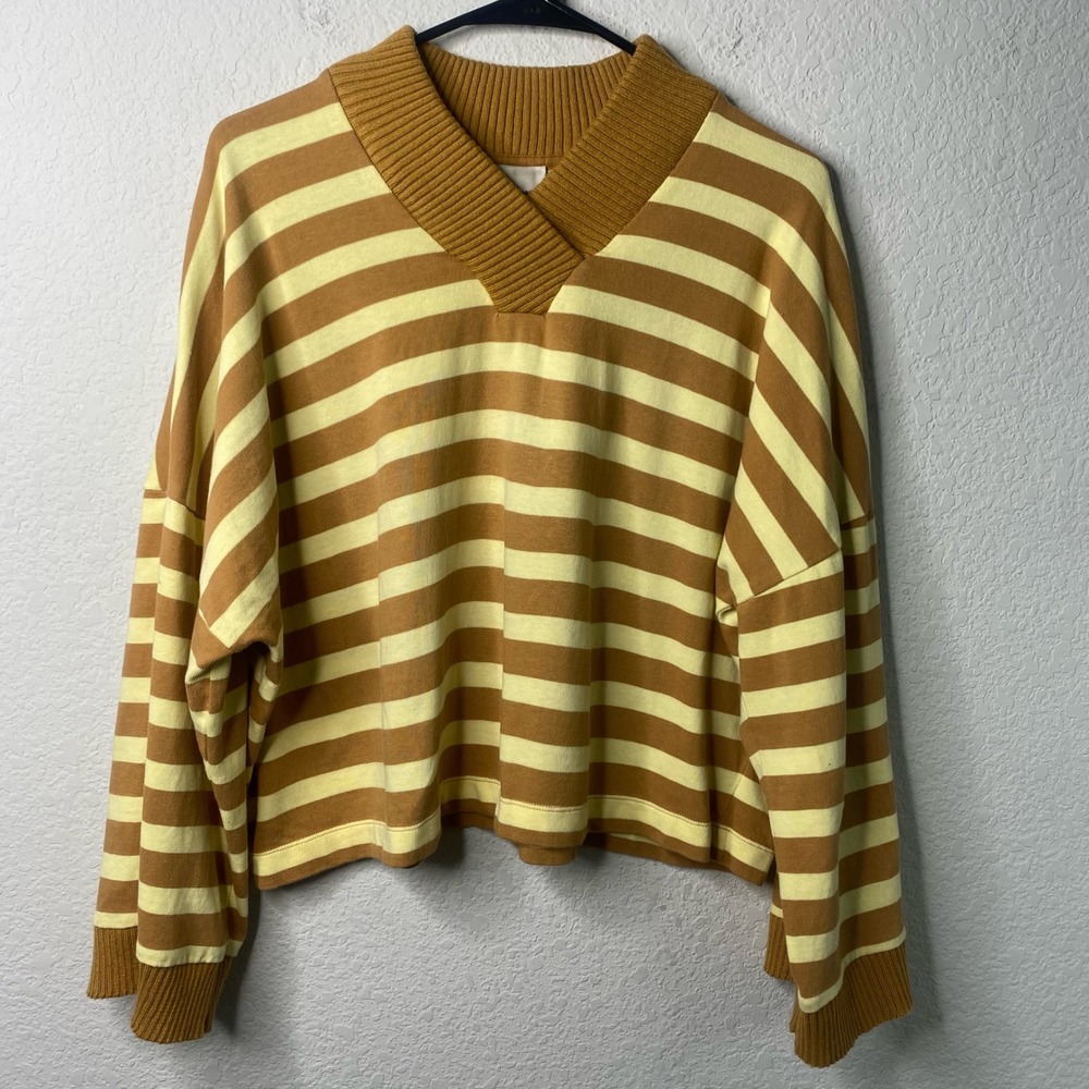 Maeve Anthropologie Sweater Womens L Brown Yellow Striped V-Neck Coastal Preppy